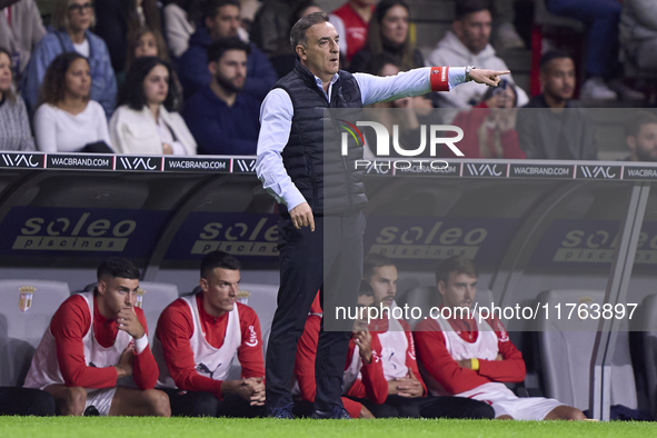 Carlos Carvalhal, Head Coach of SC Braga, reacts during the Liga Portugal Betclic match between SC Braga and Sporting CP at Estadio Municipa...