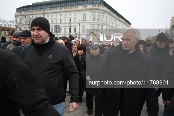 In Warsaw, Poland, on November 10, 2024, former Prime Minister and chairman of the PiS party, Jaroslaw Kaczynski, participates in the monthl...