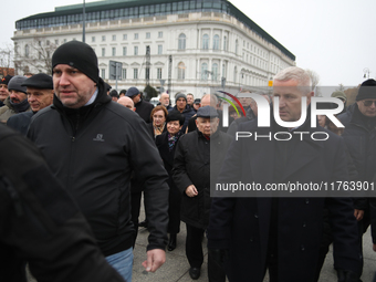 In Warsaw, Poland, on November 10, 2024, former Prime Minister and chairman of the PiS party, Jaroslaw Kaczynski, participates in the monthl...