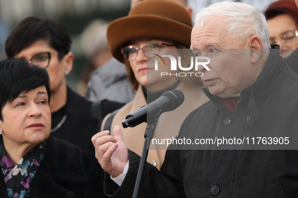 In Warsaw, Poland, on November 10, 2024, former Prime Minister and chairman of the PiS party, Jaroslaw Kaczynski, participates in the monthl...