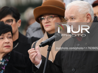 In Warsaw, Poland, on November 10, 2024, former Prime Minister and chairman of the PiS party, Jaroslaw Kaczynski, participates in the monthl...