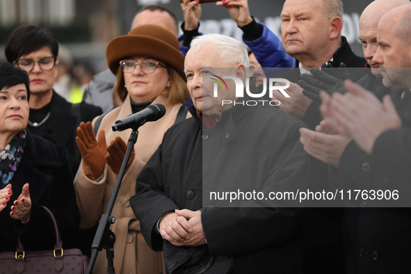 In Warsaw, Poland, on November 10, 2024, former Prime Minister and chairman of the PiS party, Jaroslaw Kaczynski, participates in the monthl...