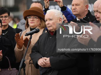 In Warsaw, Poland, on November 10, 2024, former Prime Minister and chairman of the PiS party, Jaroslaw Kaczynski, participates in the monthl...