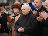 In Warsaw, Poland, on November 10, 2024, former Prime Minister and chairman of the PiS party, Jaroslaw Kaczynski, participates in the monthl...