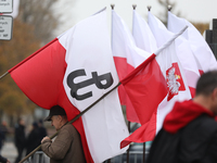 In Warsaw, Poland, on November 10, 2024, people supporting the PiS party with Polish flags participate in the monthly celebrations of the Sm...