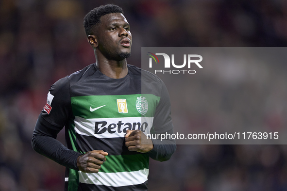 Ousmane Diomande of Sporting CP looks on during the Liga Portugal Betclic match between SC Braga and Sporting CP at Estadio Municipal de Bra...