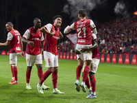 Ricardo Horta of SC Braga celebrates with his teammates after scoring his team's second goal during the Liga Portugal Betclic match between...