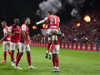 Ricardo Horta of SC Braga celebrates with his teammates after scoring his team's second goal during the Liga Portugal Betclic match between...