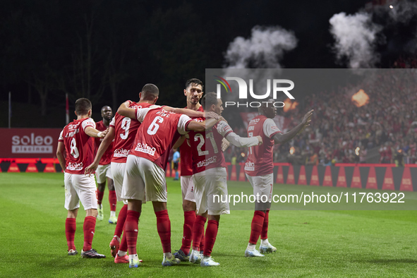 Ricardo Horta of SC Braga celebrates with his teammates after scoring his team's second goal during the Liga Portugal Betclic match between...