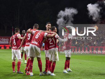 Ricardo Horta of SC Braga celebrates with his teammates after scoring his team's second goal during the Liga Portugal Betclic match between...