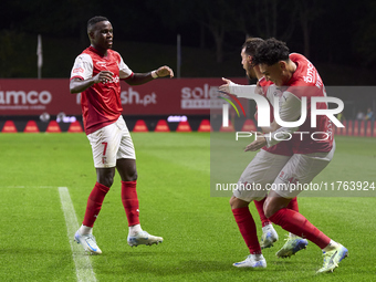 Ricardo Horta of SC Braga celebrates with his teammates after scoring his team's second goal during the Liga Portugal Betclic match between...