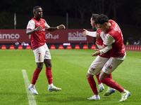 Ricardo Horta of SC Braga celebrates with his teammates after scoring his team's second goal during the Liga Portugal Betclic match between...