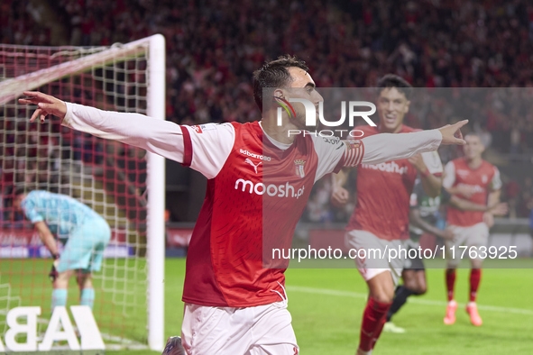 Ricardo Horta of SC Braga celebrates after scoring his team's second goal during the Liga Portugal Betclic match between SC Braga and Sporti...