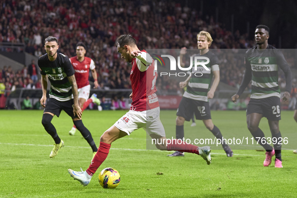 Ricardo Horta of SC Braga shoots on goal and scores his team's second goal during the Liga Portugal Betclic match between SC Braga and Sport...