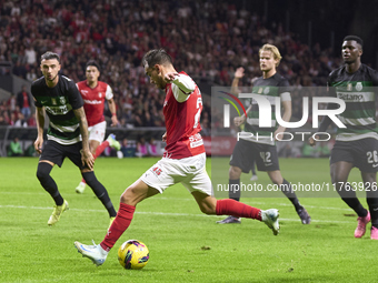 Ricardo Horta of SC Braga shoots on goal and scores his team's second goal during the Liga Portugal Betclic match between SC Braga and Sport...