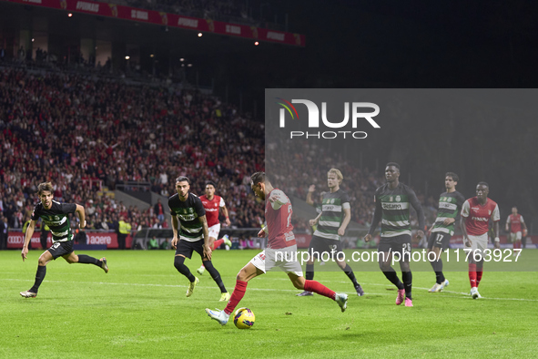 Ricardo Horta of SC Braga shoots on goal and scores his team's second goal during the Liga Portugal Betclic match between SC Braga and Sport...