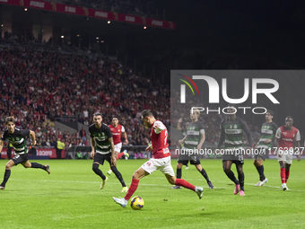 Ricardo Horta of SC Braga shoots on goal and scores his team's second goal during the Liga Portugal Betclic match between SC Braga and Sport...