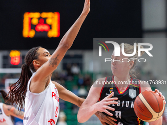 Stephanie Mavung and  Emma Meesseman in action during the FIBA 2025 European Women's Basketball Championship Qualifiers Group C match betwee...