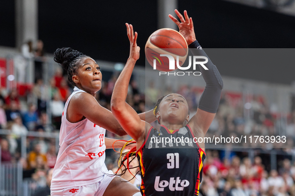 Stephanie Mavunga and Maxuela Lisowa in action during the FIBA 2025 European Women's Basketball Championship Qualifiers Group C match betwee...