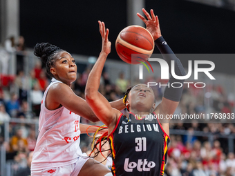 Stephanie Mavunga and Maxuela Lisowa in action during the FIBA 2025 European Women's Basketball Championship Qualifiers Group C match betwee...