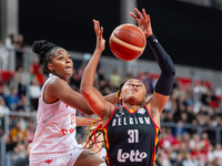 Stephanie Mavunga and Maxuela Lisowa in action during the FIBA 2025 European Women's Basketball Championship Qualifiers Group C match betwee...