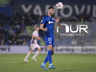 Domingos Duarte of Getafe is in action during the La Liga 2024/25 match between Getafe and Girona at Coliseum Stadium in Madrid, Spain, on N...