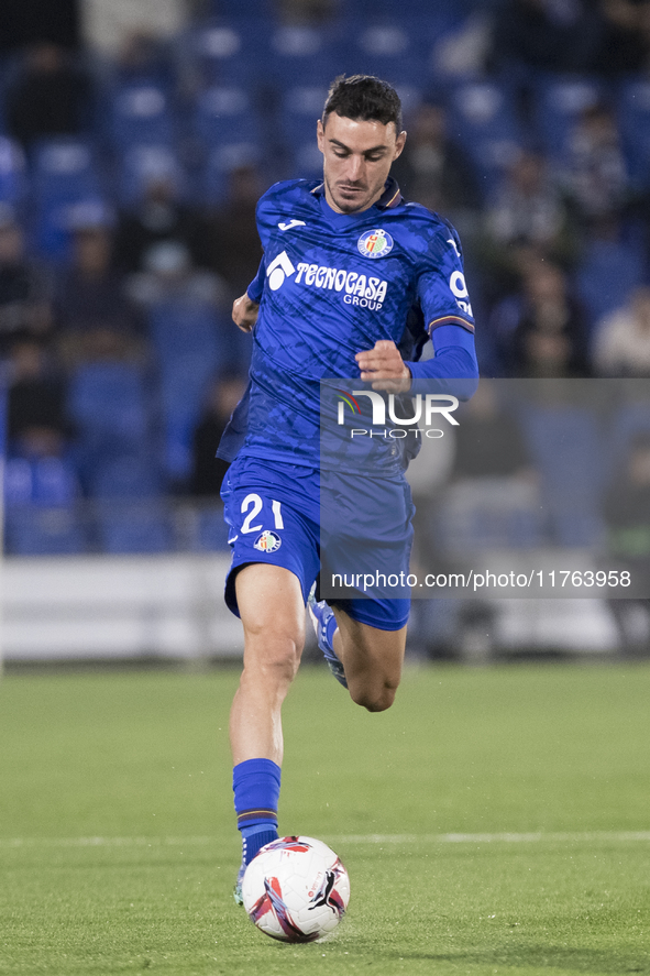 Juan Iglesias of Getafe is in action during the La Liga 2024/25 match between Getafe and Girona at Coliseum Stadium in Madrid, Spain, on Nov...