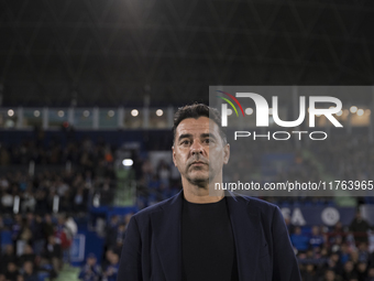 In Madrid, Spain, on November 10, 2024, Girona coach Michel is present during the La Liga 2024/25 match between Getafe and Girona at Coliseu...