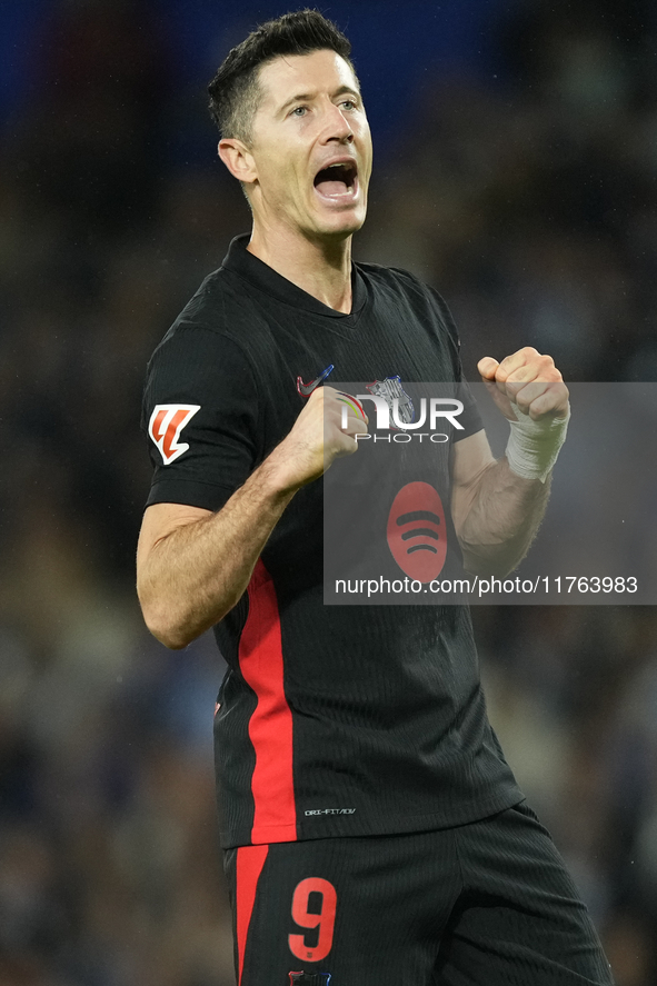 Robert Lewandowski centre-forward of Barcelona and Poland celebrates after scoring his sides first goal during the LaLiga match between Real...