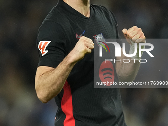 Robert Lewandowski centre-forward of Barcelona and Poland celebrates after scoring his sides first goal during the LaLiga match between Real...