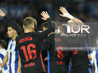 Robert Lewandowski centre-forward of Barcelona and Poland celebrates after scoring his sides first goal during the LaLiga match between Real...