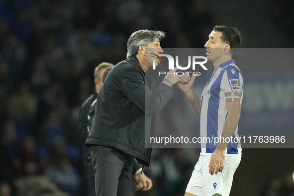 Imanol Alguacil head coach of Real Sociedad gives instructions  to Mikel Oyarzabal centre-forward of Real Sociedad and Spain during the LaLi...