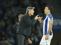 Imanol Alguacil head coach of Real Sociedad gives instructions  to Mikel Oyarzabal centre-forward of Real Sociedad and Spain during the LaLi...