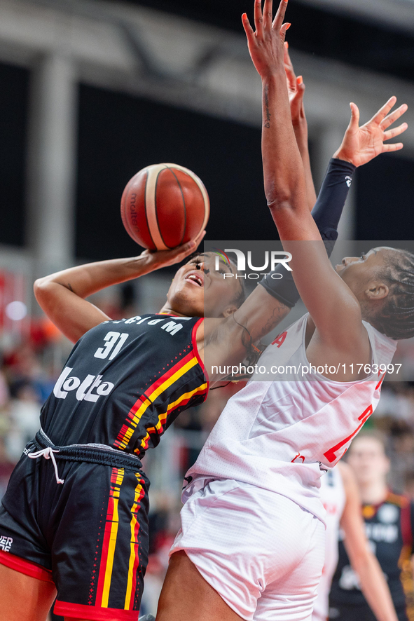 Maxuela Lisowa and Stephanie Mavunga in action during the FIBA 2025 European Women's Basketball Championship Qualifiers Group C match betwee...