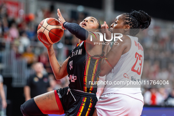 Maxuela Lisowa and Stephanie Mavunga in action during the FIBA 2025 European Women's Basketball Championship Qualifiers Group C match betwee...