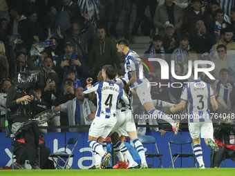 Sheraldo Becker centre-forward of Real Sociedad and Netherlands celebrates after scoring his sides first goal during the LaLiga match betwee...