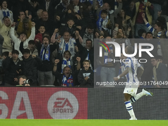 Sheraldo Becker centre-forward of Real Sociedad and Netherlands celebrates after scoring his sides first goal during the LaLiga match betwee...