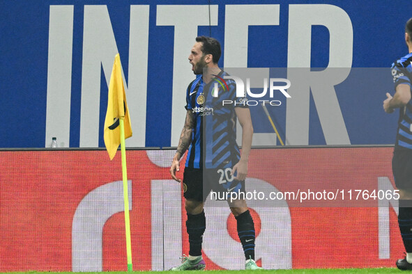 Hakan Calhanoglu of Inter FC celebrates after a goal during the Italian Serie A football match between Inter FC and SSC Napoli at Giuseppe M...