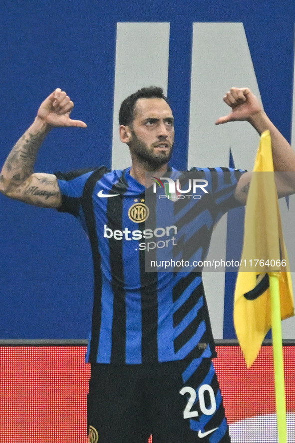 Hakan Calhanoglu of Inter FC celebrates after a goal during the Italian Serie A football match between Inter FC and SSC Napoli at Giuseppe M...