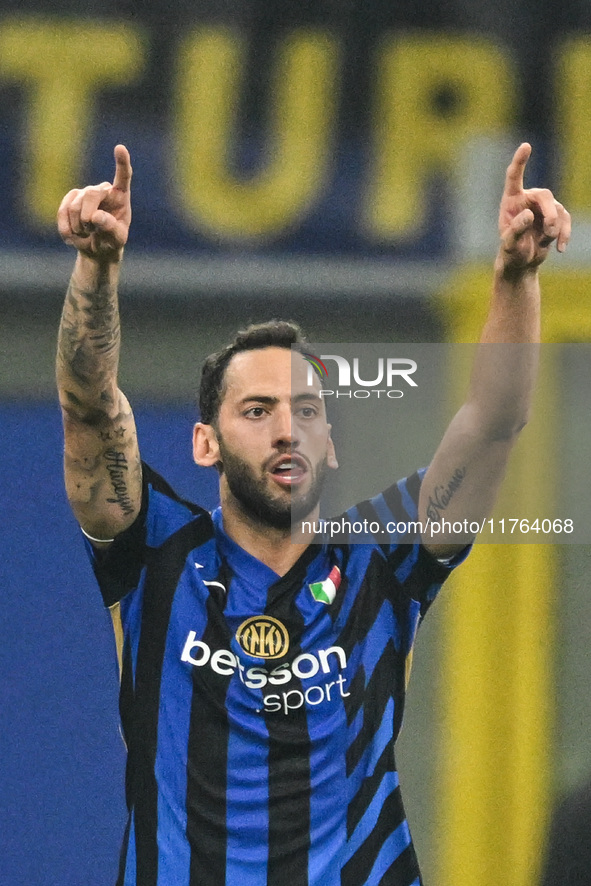 Hakan Calhanoglu of Inter FC celebrates after a goal during the Italian Serie A football match between Inter FC and SSC Napoli at Giuseppe M...