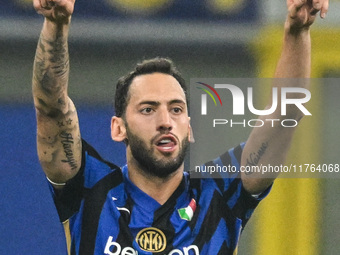 Hakan Calhanoglu of Inter FC celebrates after a goal during the Italian Serie A football match between Inter FC and SSC Napoli at Giuseppe M...