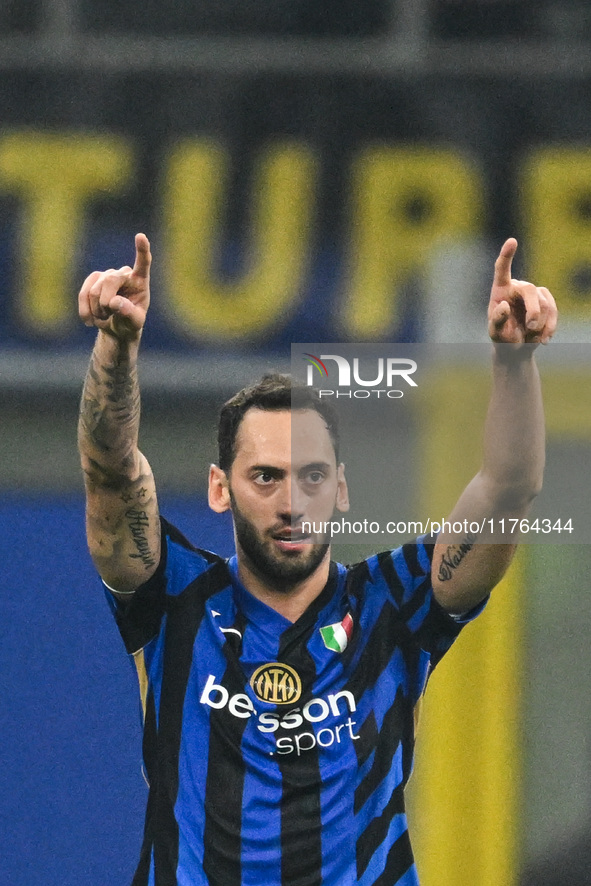 Hakan Calhanoglu of Inter FC celebrates after a goal during the Italian Serie A football match between Inter FC and SSC Napoli at Giuseppe M...