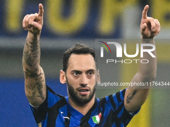 Hakan Calhanoglu of Inter FC celebrates after a goal during the Italian Serie A football match between Inter FC and SSC Napoli at Giuseppe M...