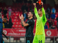 Alessio Romagnoli (SS Lazio) and Ivan Provedel (SS Lazio) celebrate the win during the Italian championship Serie A football match between A...