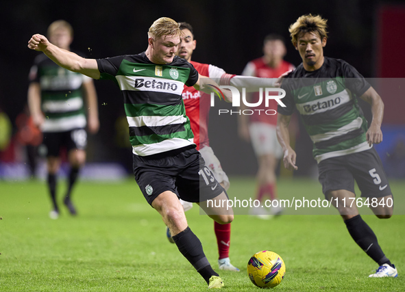 Conrad Harder of Sporting CP shoots on goal and scores his team's third goal during the Liga Portugal Betclic match between SC Braga and Spo...