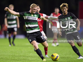 Conrad Harder of Sporting CP shoots on goal and scores his team's third goal during the Liga Portugal Betclic match between SC Braga and Spo...