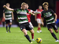 Conrad Harder of Sporting CP shoots on goal and scores his team's third goal during the Liga Portugal Betclic match between SC Braga and Spo...