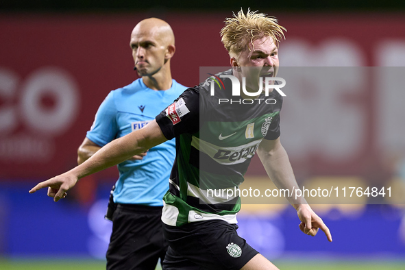 Conrad Harder of Sporting CP celebrates after he scores his team's third goal during the Liga Portugal Betclic match between SC Braga and Sp...