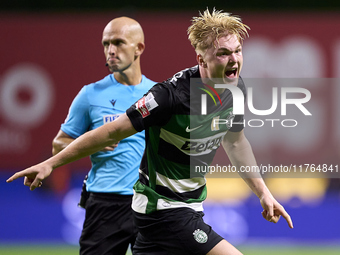 Conrad Harder of Sporting CP celebrates after he scores his team's third goal during the Liga Portugal Betclic match between SC Braga and Sp...