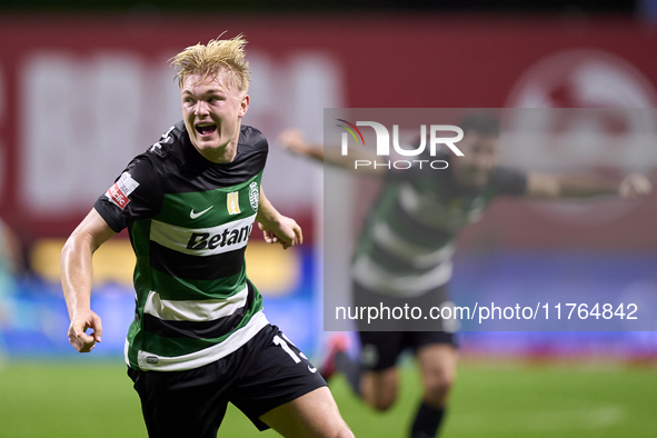 Conrad Harder of Sporting CP celebrates after he scores his team's third goal during the Liga Portugal Betclic match between SC Braga and Sp...